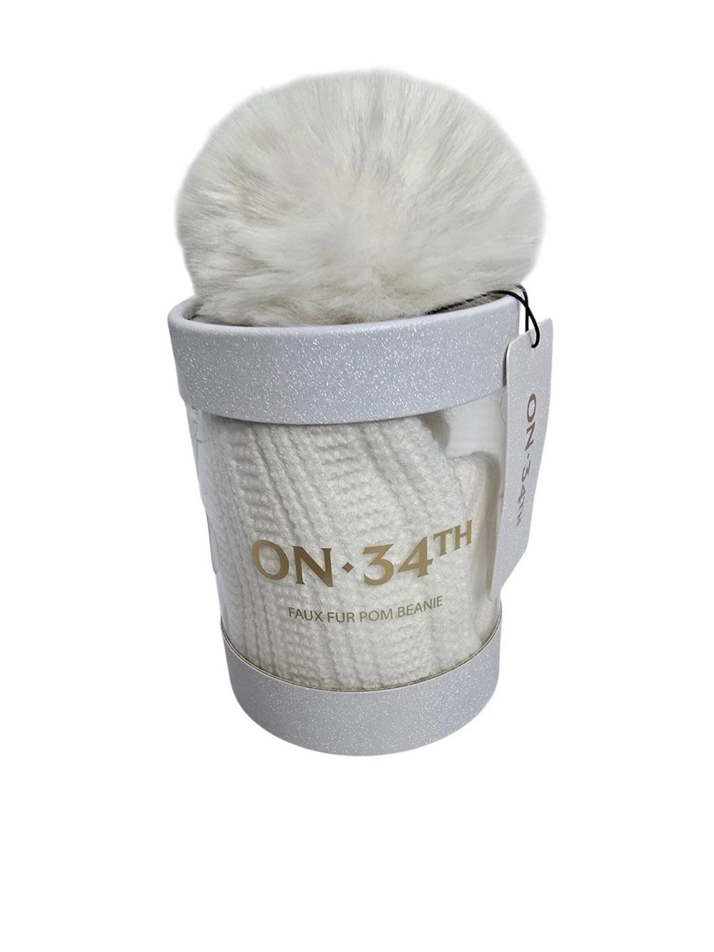 On 34th Women White Faux Fur Pom Beanie Ribbed Knit Winter Hat NWT Gift Box